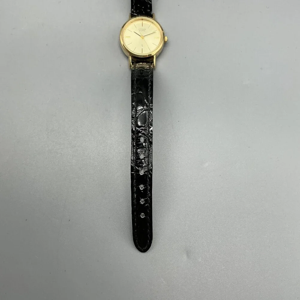 Vintage Citizen Womens Watch 21mm Champagne Gold Tone Black Leather New Battery